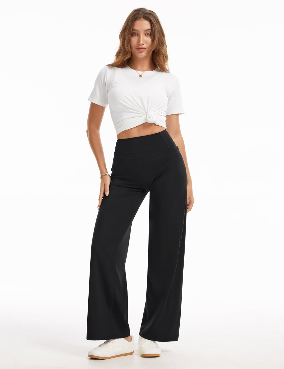 Detalle 2 de THE GYM PEOPLE Women's Wide-Leg Yoga Pants, High Waist, No Front Seam