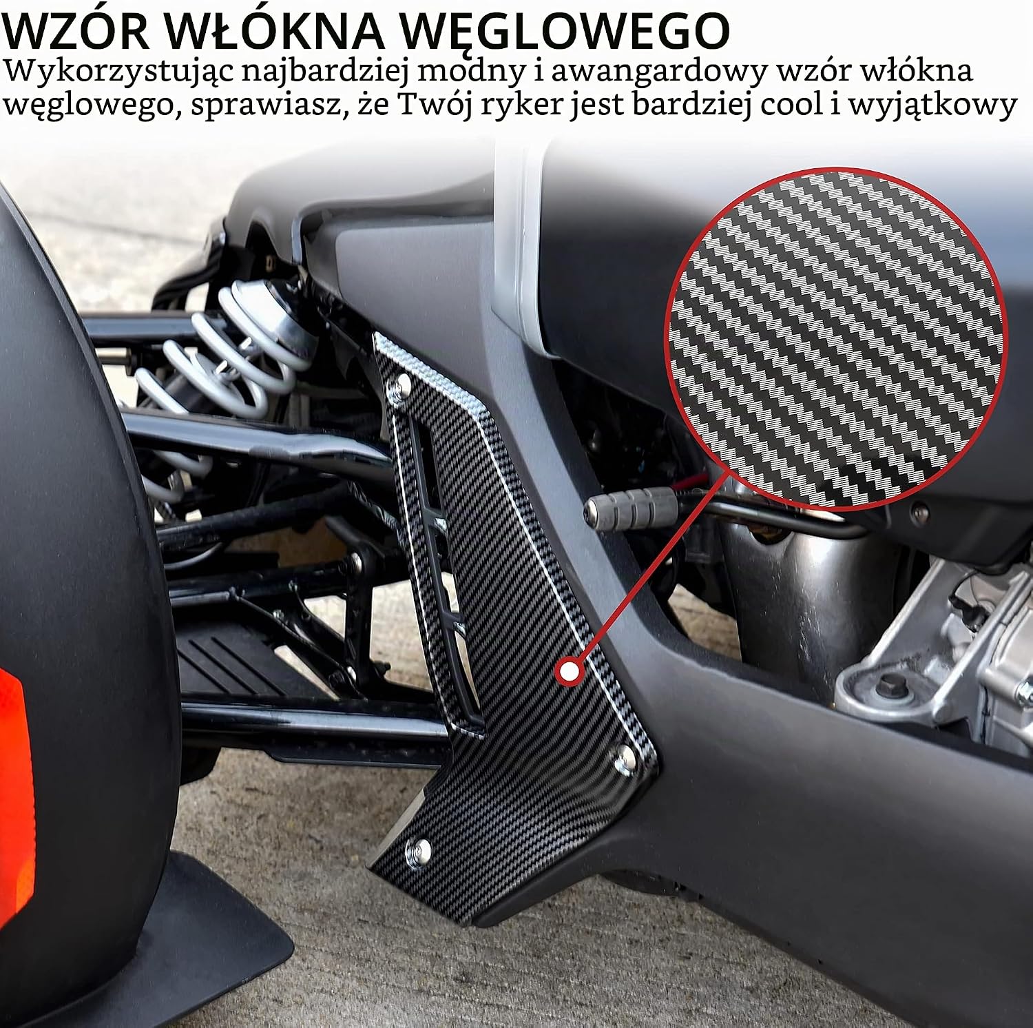 Detalle 2 de SAUTVS ZP-YJ-030603-131 – dolne panele owiewki Can-Am Ryker, ABS, wzór włókna węglowego