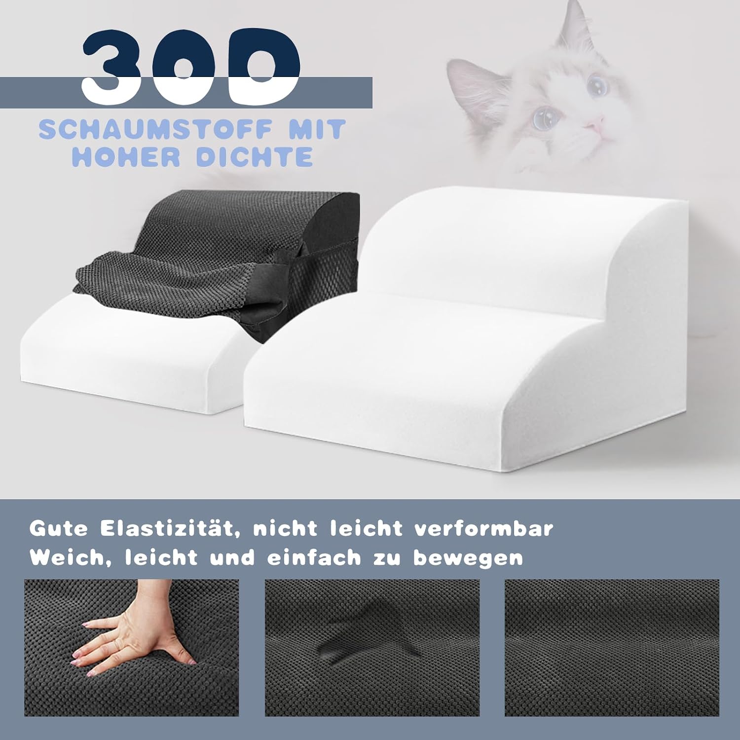 Detalle de Thihome Hundetreppe mit 2 Stufen (40 x 40 x 30 cm), rutschfest, mit waschbarem Bezug und 30D-Schaum