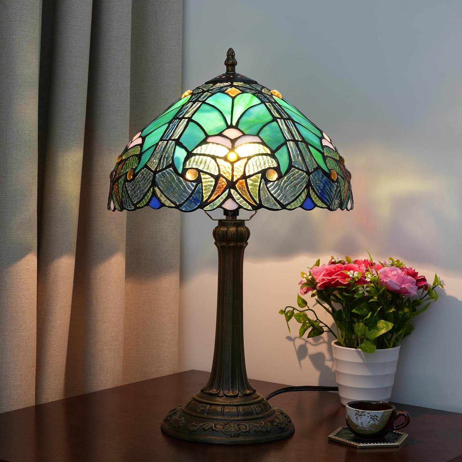 Thumbnail 6 de Blivuself Tiffany Lamp Green Liaison Style Stained Glass Table Lamp