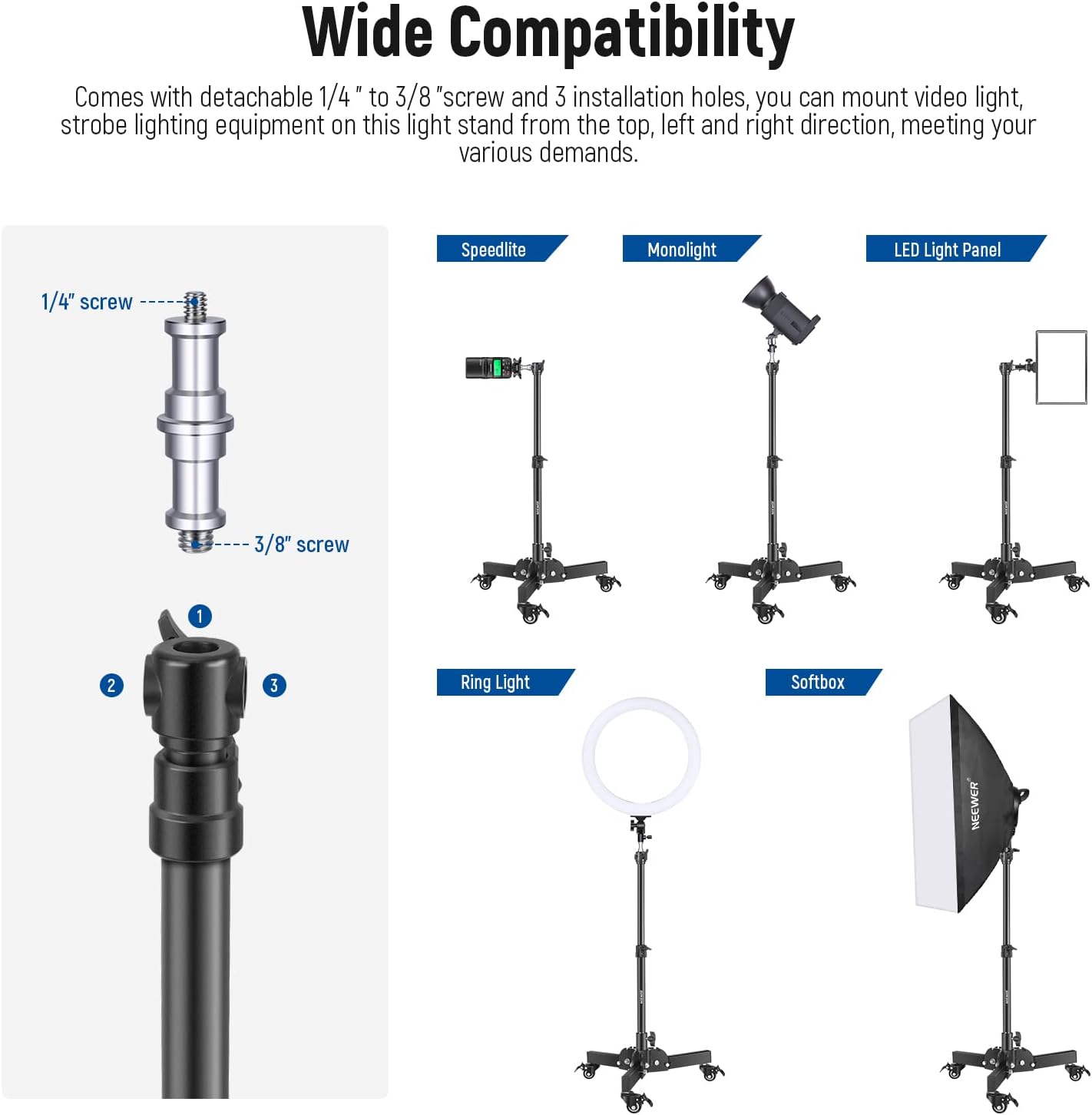 Detalle de NEEWER ST72 — lot de 2 trépieds de lumière robustes avec roulettes, hauteur max 2,4 pieds