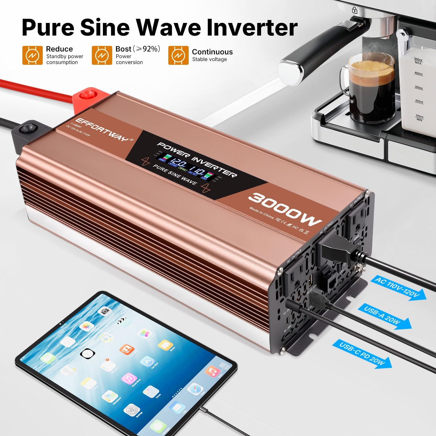 Detalle 2 de EFFORTWAY F-3000P 3000W Pure Sine Wave Inverter, 12V DC to 110–120V AC