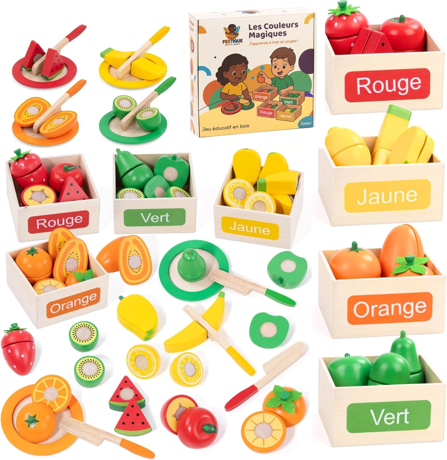 Feetique Jeu Montessori en bois fruits à découper (2 à 7 ans) – Dinette enfant avec 24 pièces pour apprendre les couleurs
