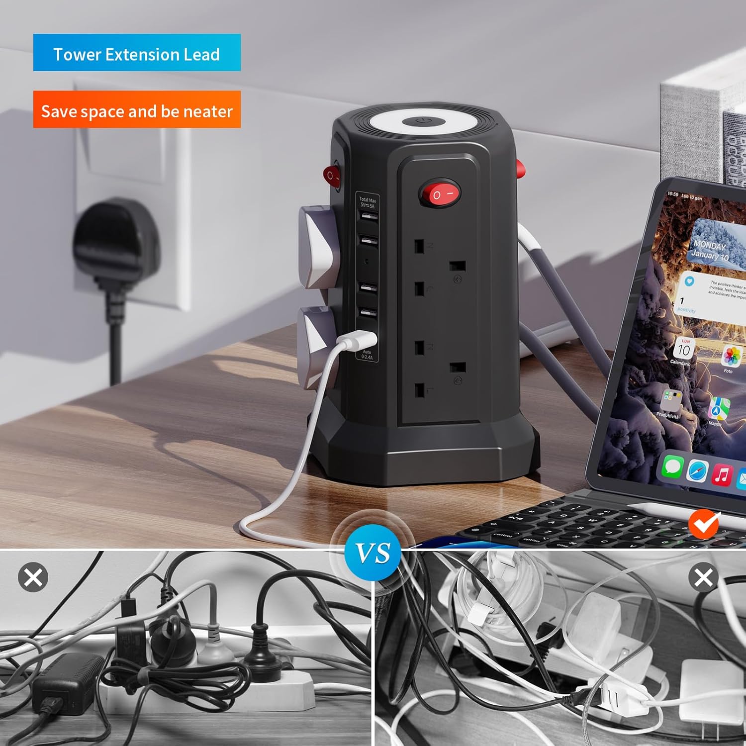 Thumbnail 2 de Tower Extension Lead 8‑way 5 USB 3250W surge protector 🔌