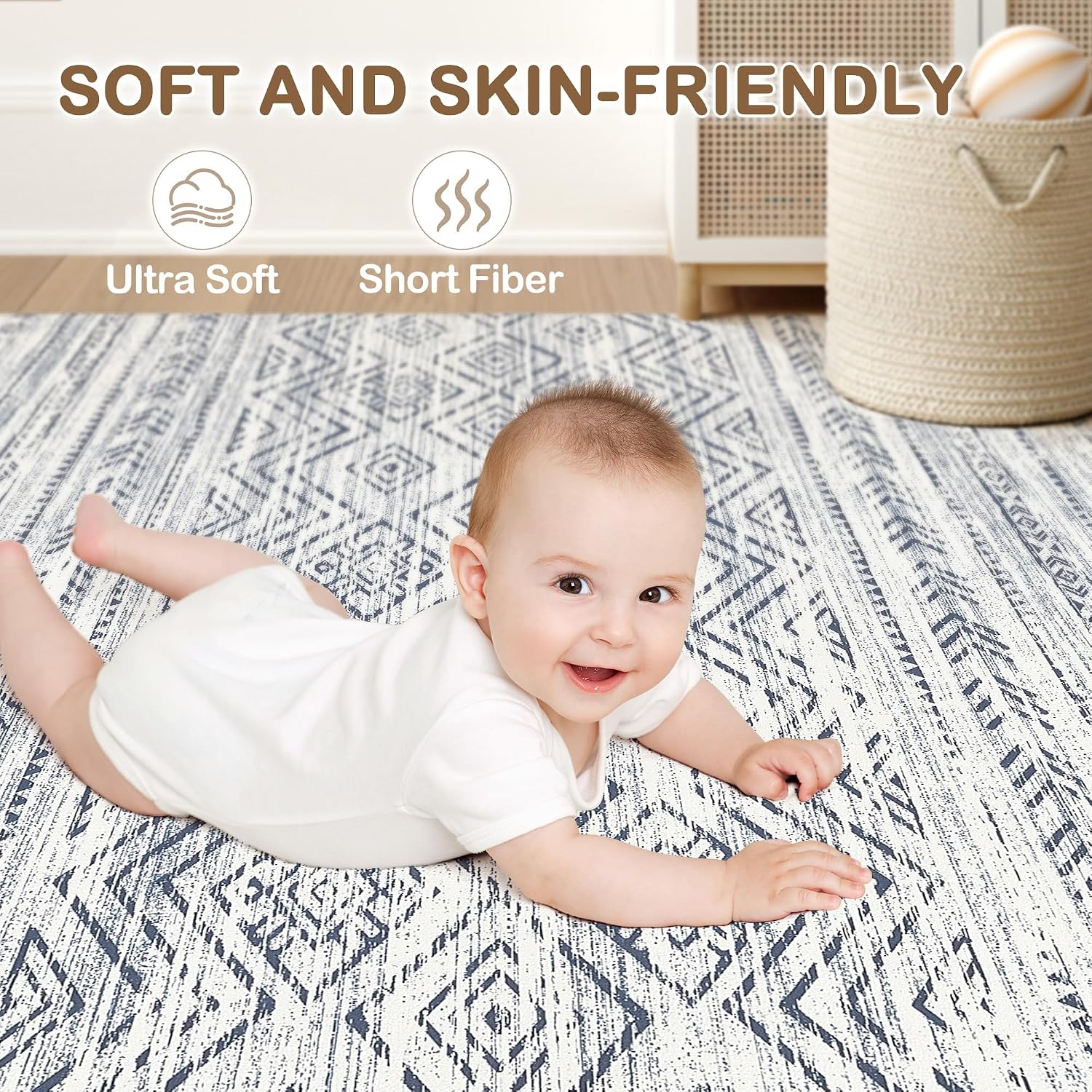 Detalle 2 de Tortania 7x9 Washable Area Rug: Soft Dark Blue Boho Moroccan Style for Living Room & Beyond