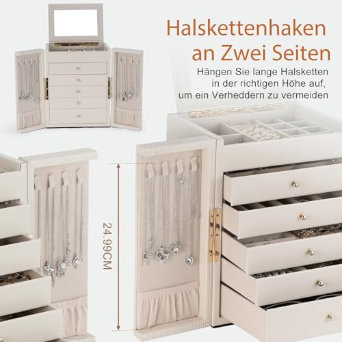 Detalle 2 de Dajasan Boîte à Bijoux Femme Grande — 5 tiroirs, cuir grain vertical beige avec miroir