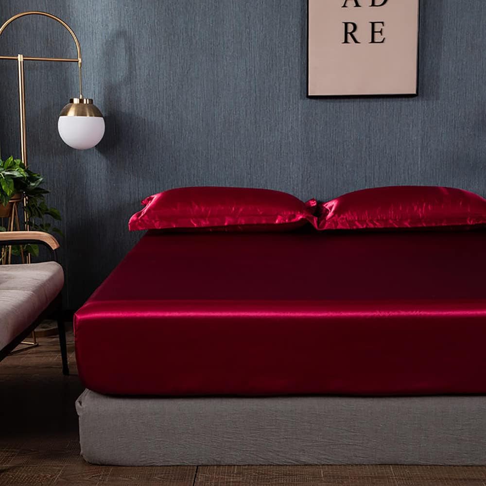 Detalle de Drap-housse satin 160x200 avec bonnet 30 cm Michorinee – Rouge vin, polyester microfibre