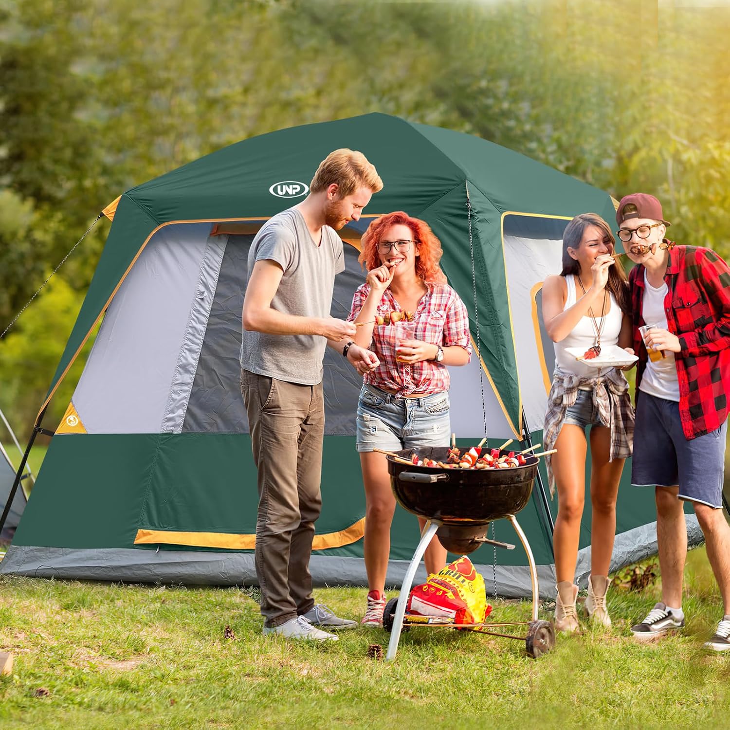 Detalle 2 de UNP Campingzelt für 4–8 Personen – einfach aufzubauen, wasserdicht mit Regendach, Stehhöhe