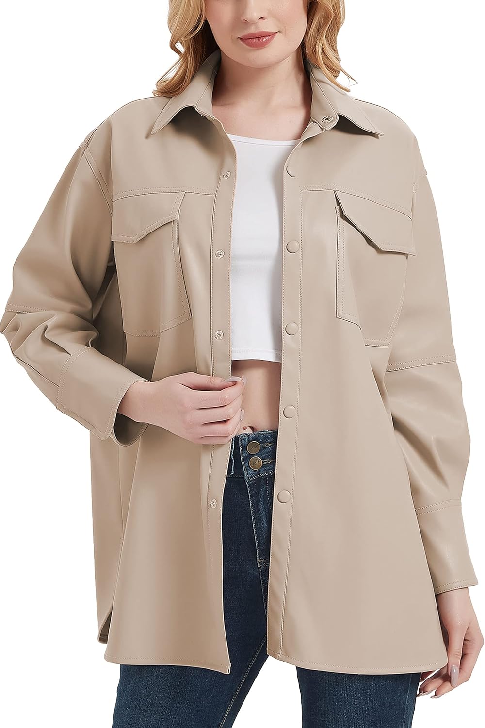Thumbnail 5 de RISISSIDA Women's Faux Leather Shacket with Brushed Lining and Chest Pockets