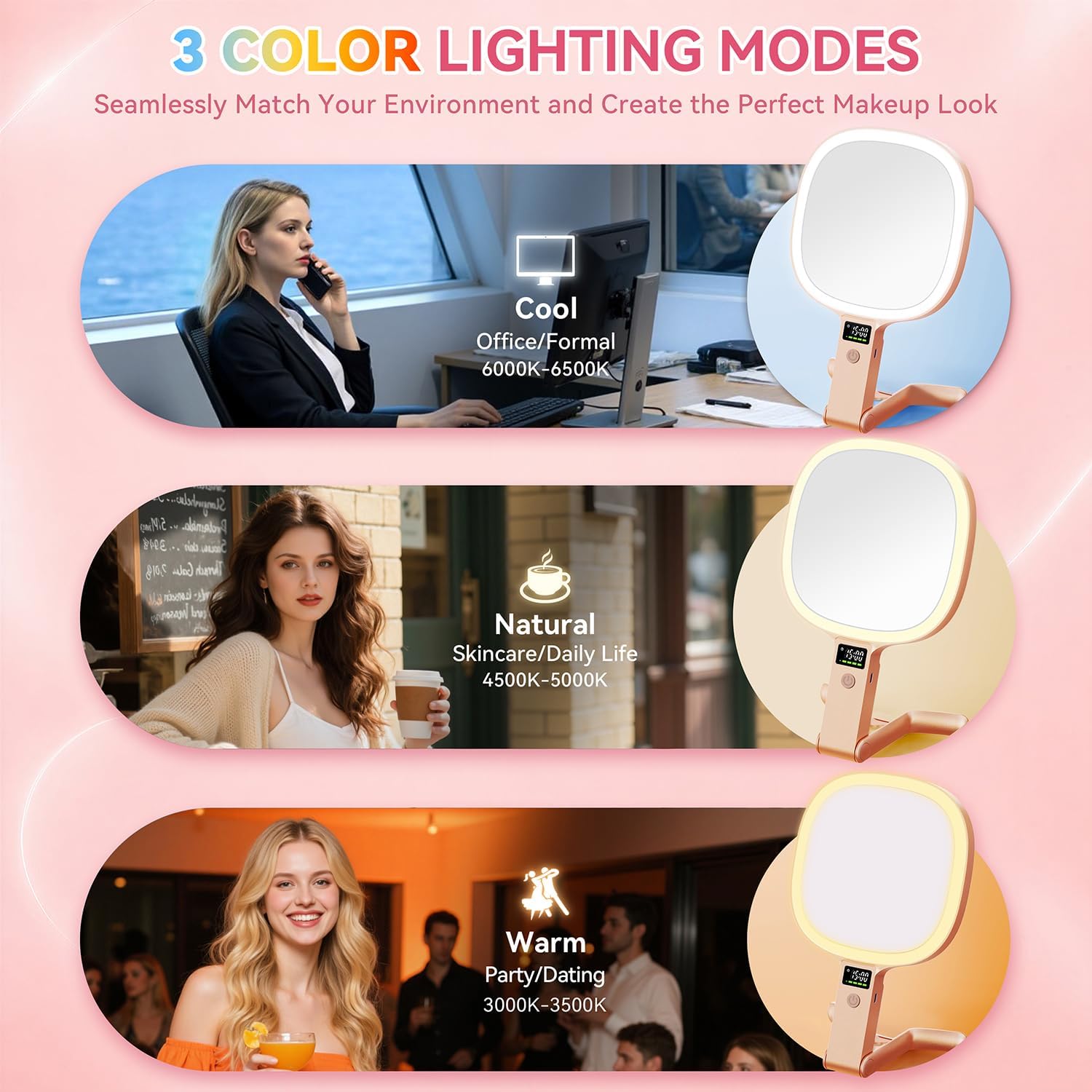 Detalle de Auxmir Kosmetikspiegel mit Beleuchtung LED Display – 30X/1X Vergrößerung, USB-C Aufladung, 3 Lichtmodi, 392,5 g, Rosegold