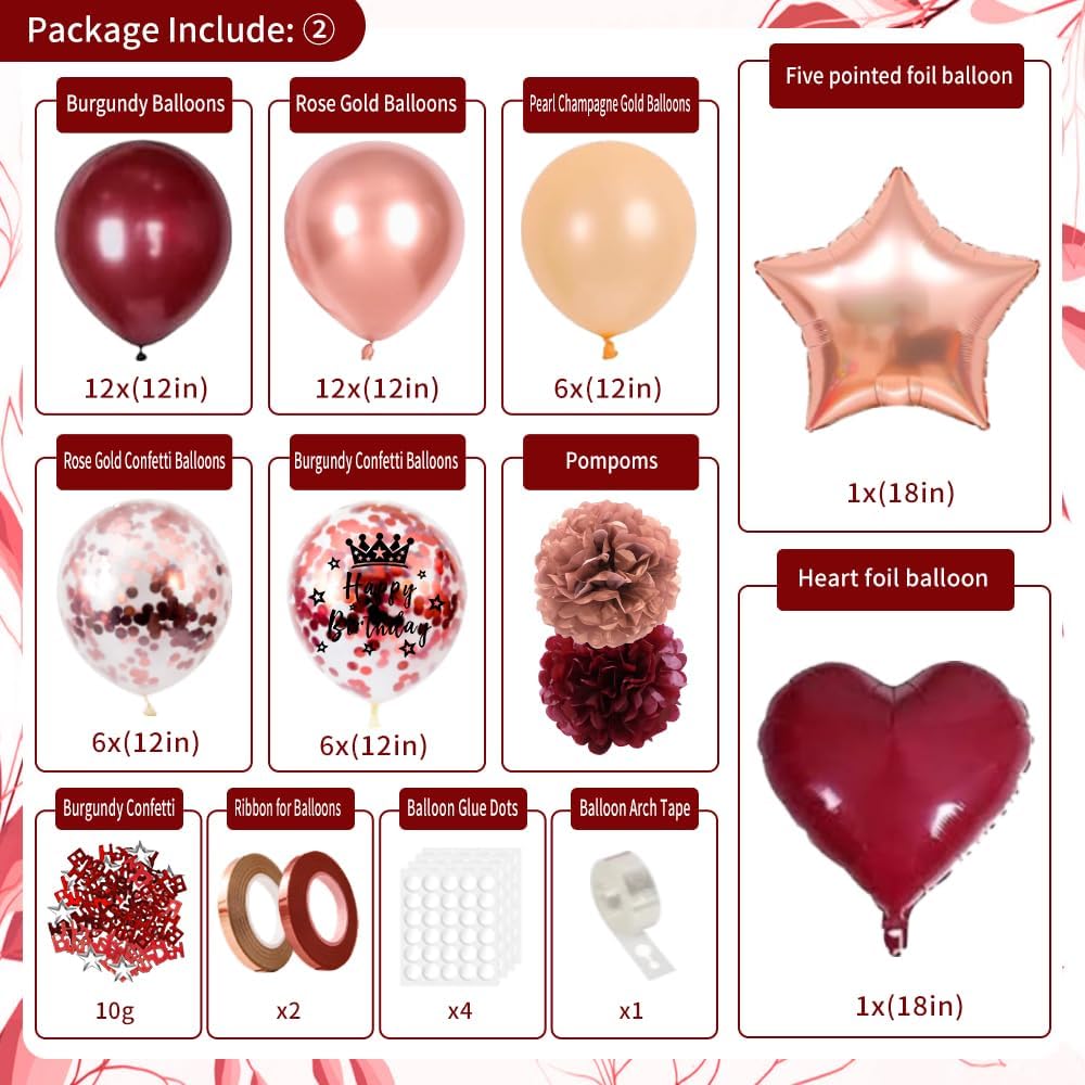 Detalle 2 de Burgundy Rose Gold Birthday Decorations Set 🎉