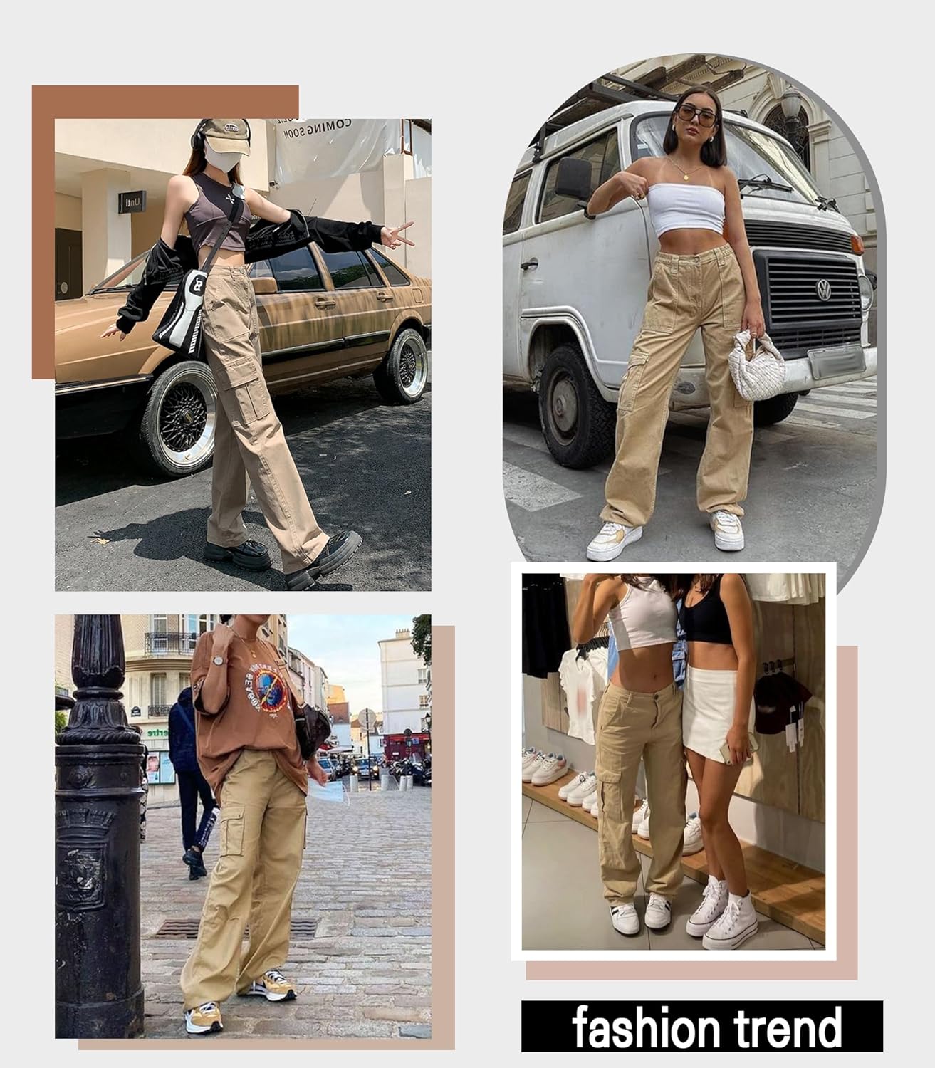 Detalle de Dordanity Y2K Cargohose für Damen mit 6 Taschen – High Waist Baggy Wanderhose aus Baumwollmischgewebe