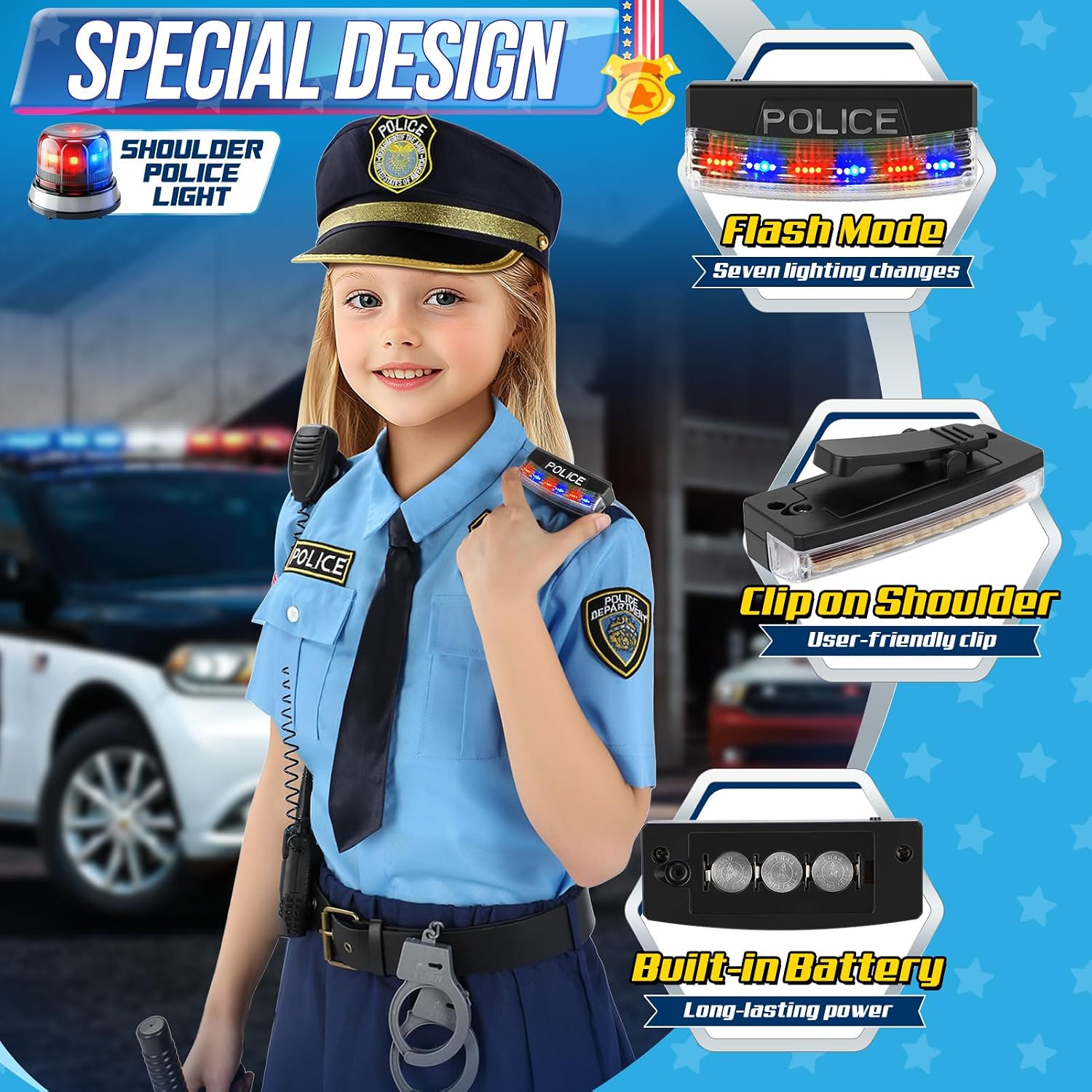 Detalle 2 de Loscola Police Officer Costume for Girls, Medium (5-7 Years), 13-Piece Set