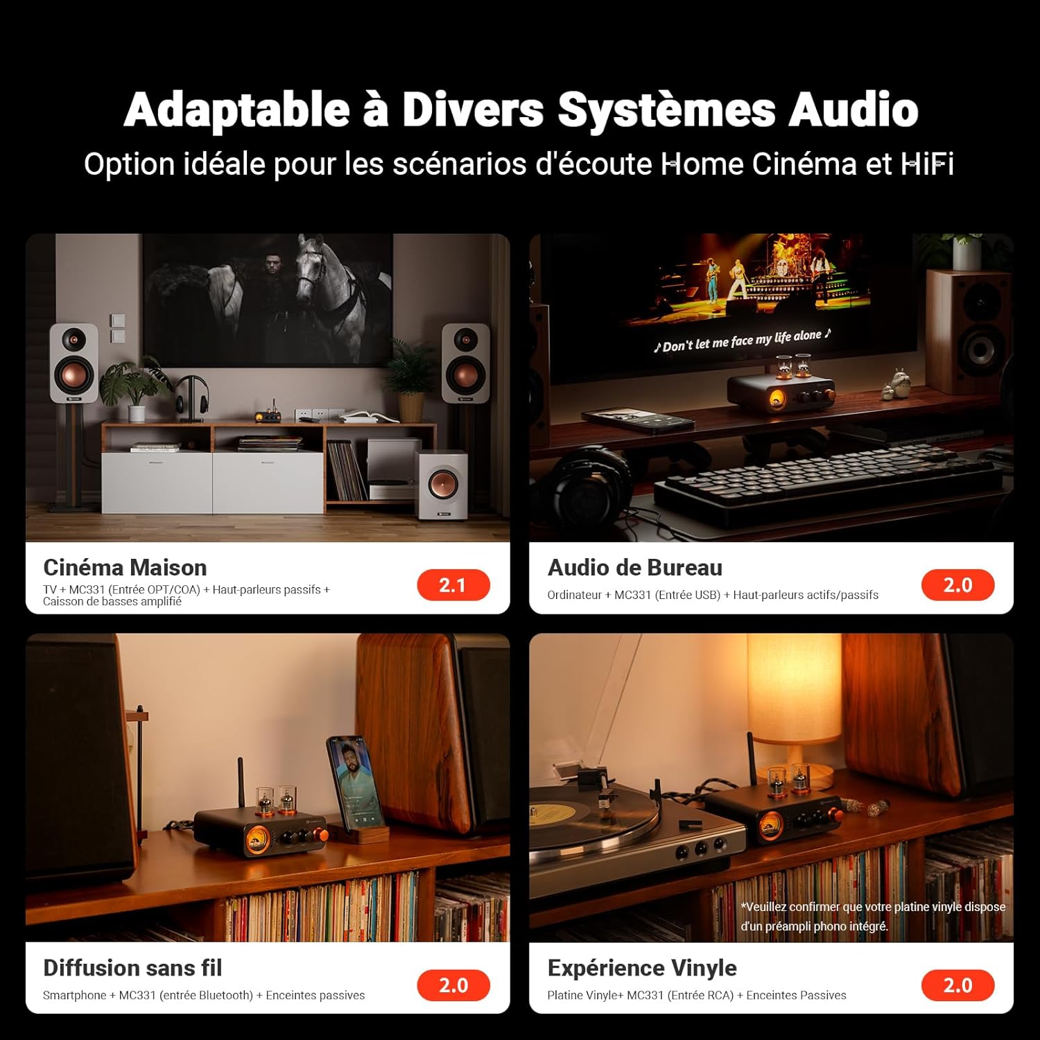 Detalle de Fosi Audio MC331 : amplificateur à tubes HiFi avec DAC, VU-mètre et Bluetooth