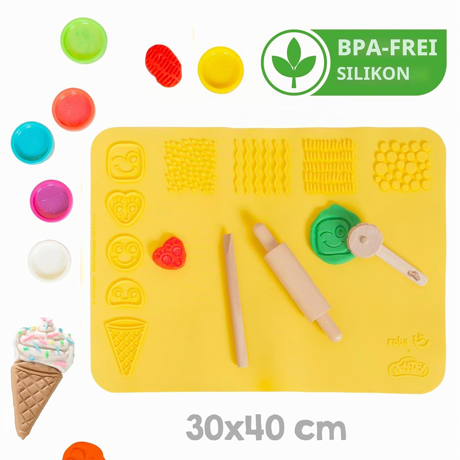 Detalle de roba x Play-Doh Schulpult mit 3D-Kreativmatte, 6 Knetdosen, Schürze und FSC-Holzwerkzeugen (ab 3 Jahren)