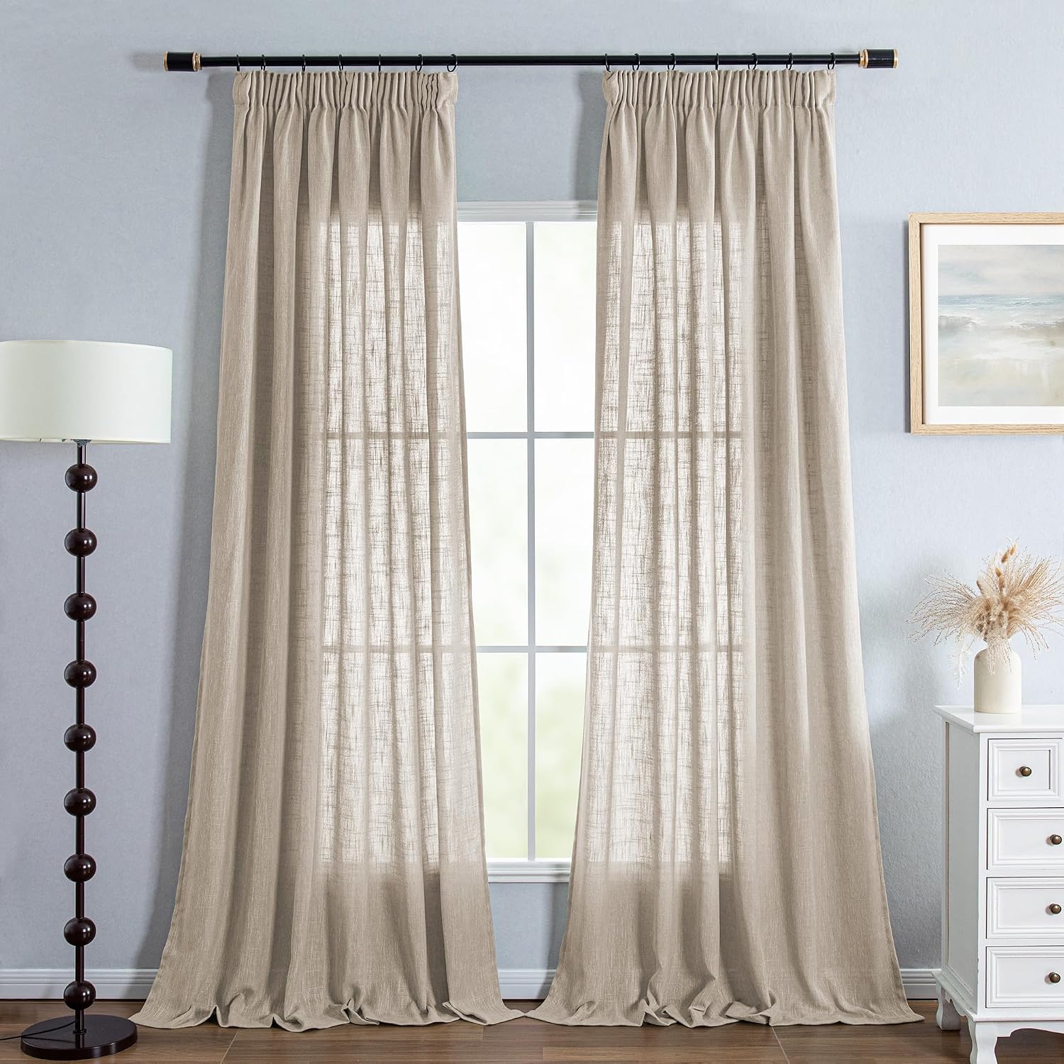 Detalle de MYSKY HOME Vorhang mit Kräuselband (2er-Set) in Beige – Leinenoptik, halbtransparent für Kinderzimmer & Wohnzimmer