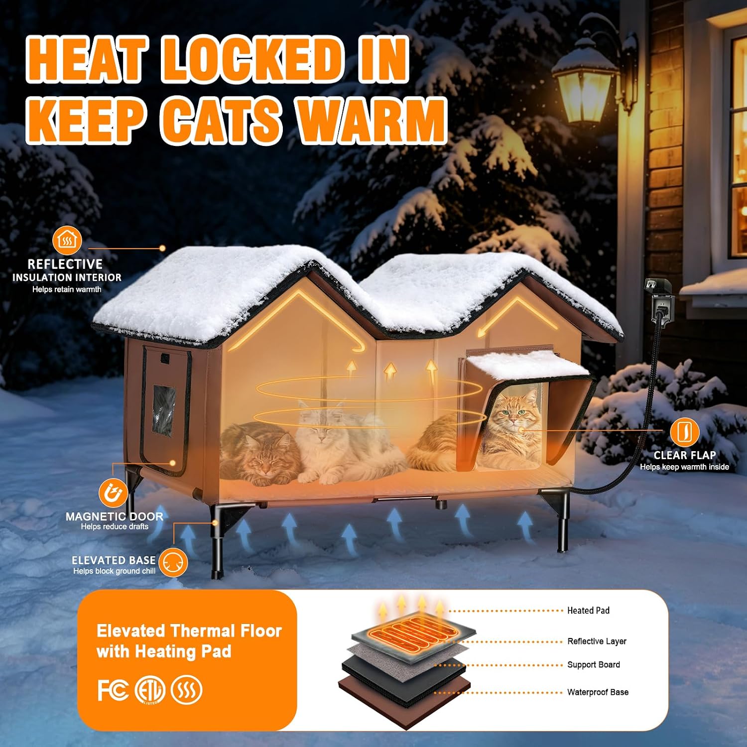 Detalle de VILRAK HCH0001 Heated Outdoor Cat House, XL, Insulated, with Heating Pad