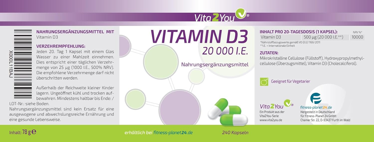 Thumbnail 5 de Vita2You Vitamin D3 20.000 IE – 240 Kapseln (20 Tagesdosen, 1.000 I.E. pro Tag)