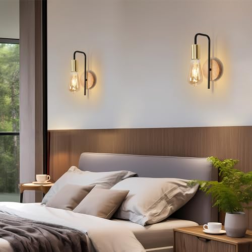 Detalle de Osairous Apliques de Pared 2 Packs: Lámpara Industrial Vintage con Base de Madera y Cuerpo en Acero para Interior