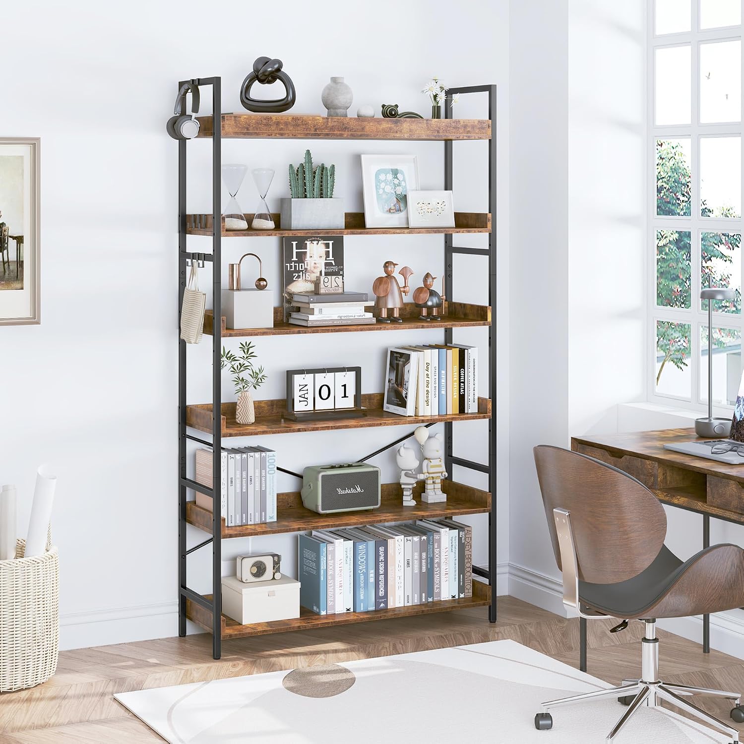 Detalle de HCHQHS BS-USBS-C-6 6-Tier Industrial Bookcase, Adjustable Shelves, Rustic Brown