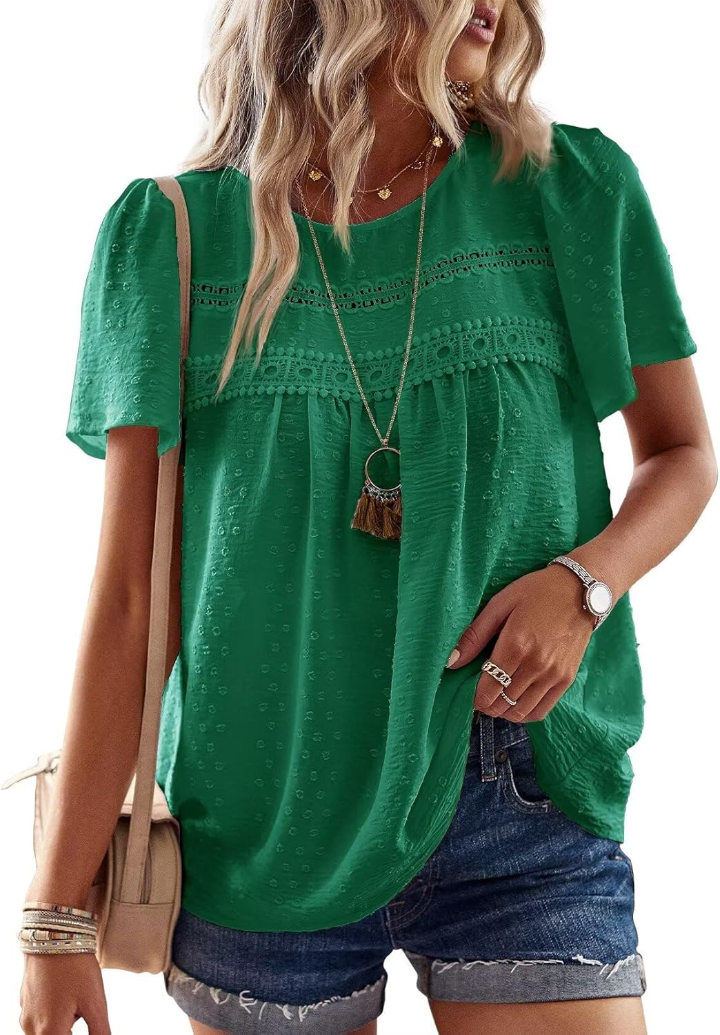 Thumbnail 5 de TUUHAW Damen Sommer-Bluse im Boho-Stil mit Rundhalsausschnitt und Häkelspitzenrändern