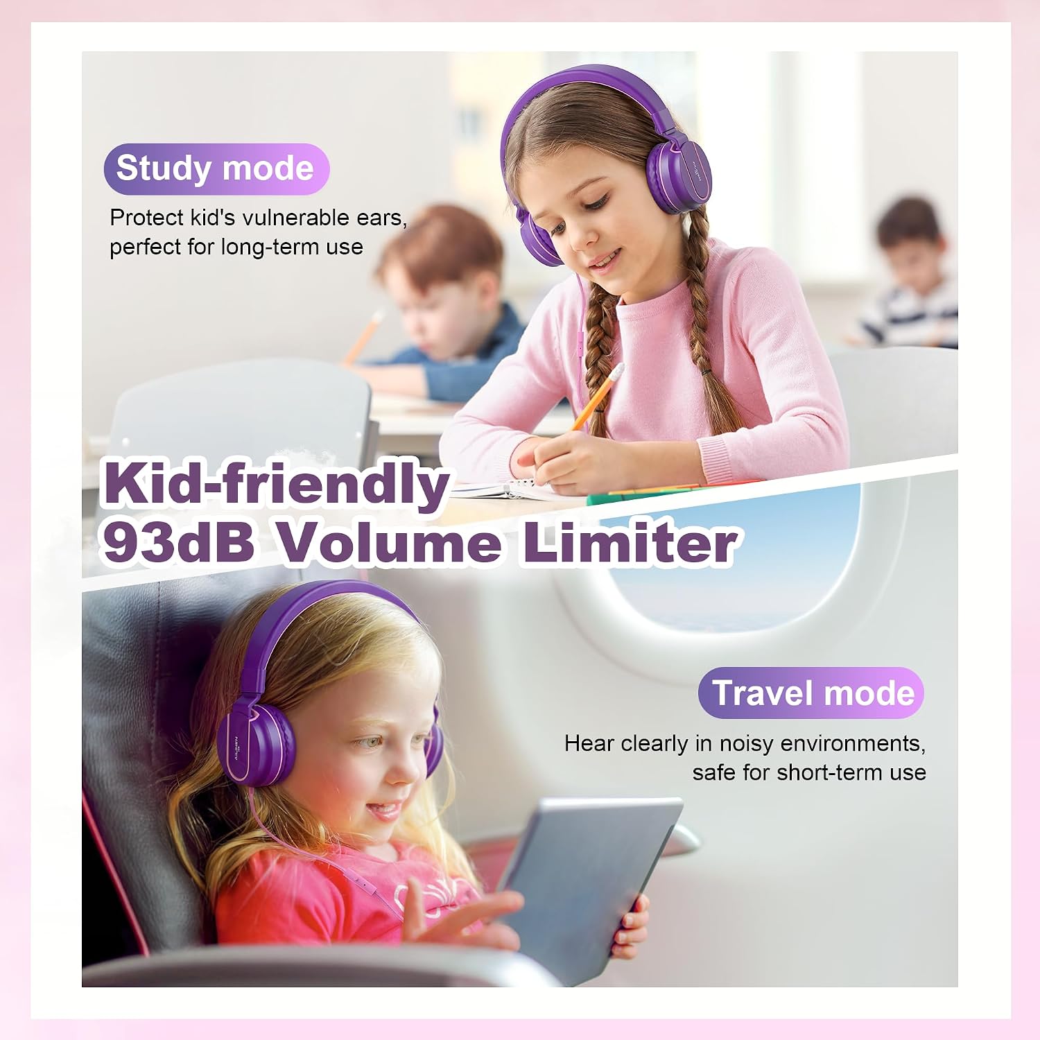 Detalle de Kids Headphones: Wired On-Ear with 93dB Volume Limiter, Foldable & Lightweight