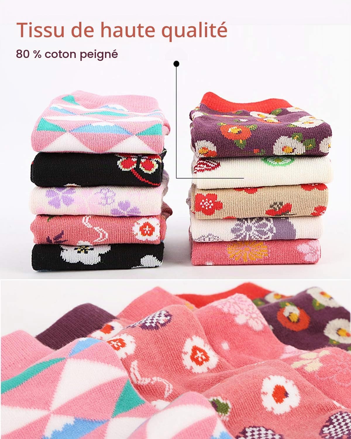Detalle 1 de ZFSOCK Japanse tabi-sokken voor dames, katoenmix, sakurapatroon, 4 paar