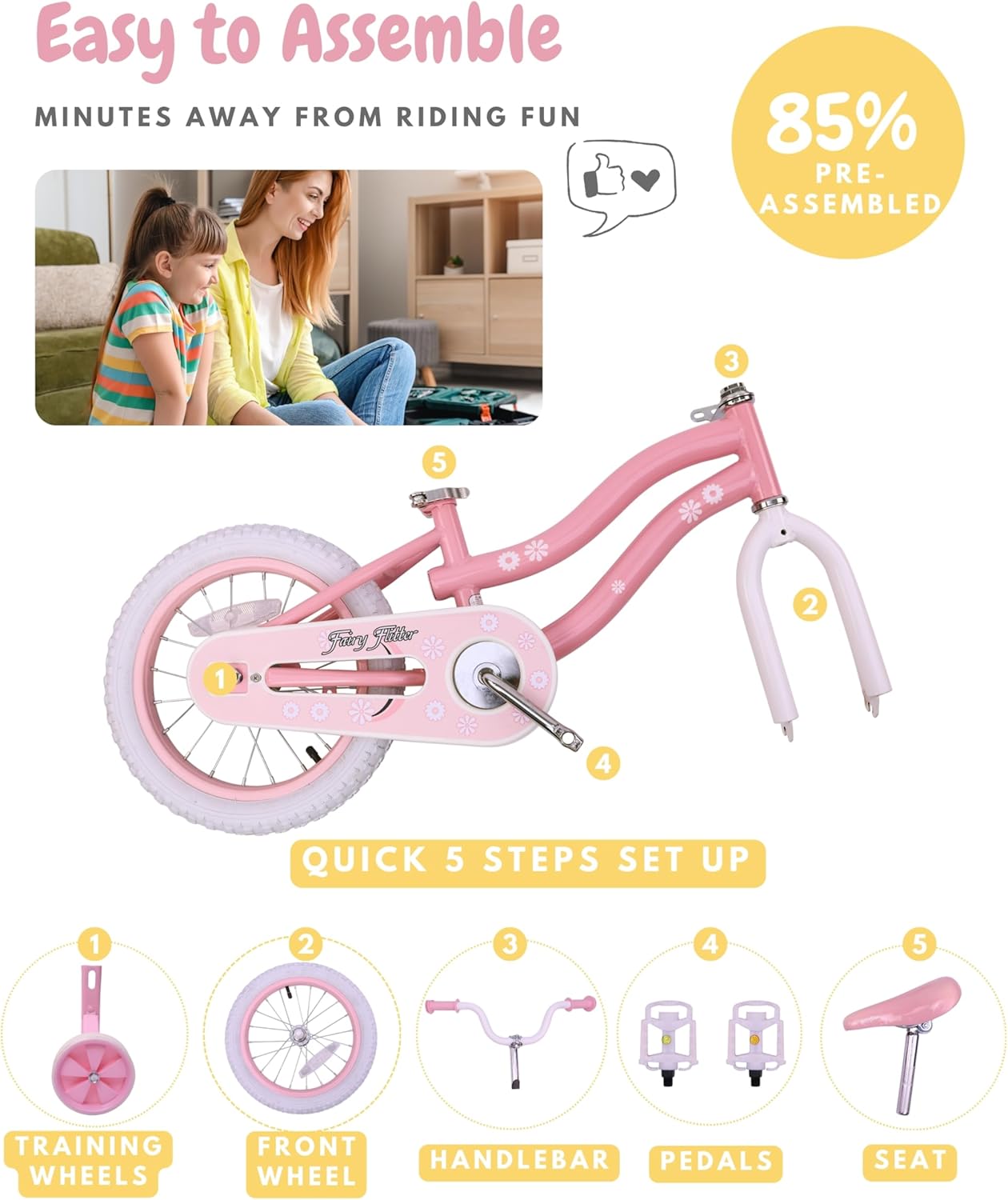 Detalle de Bicystar Girls Bike for Kids Ages 2–5, 12/14/16/18 Inch Pink Bicycle with Training Wheels, Basket & Streamers