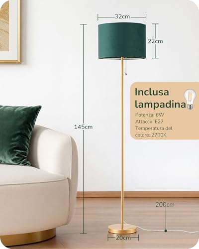 Detalle de EDISHINE Lampada da Terra Soggiorno: Paralume in velluto verde & oro, stile moderno e praticità
