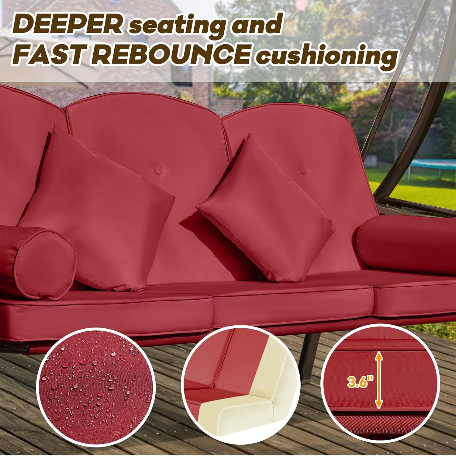 Detalle de Yalissey 3-Seat Porch Swing, Wine Red
