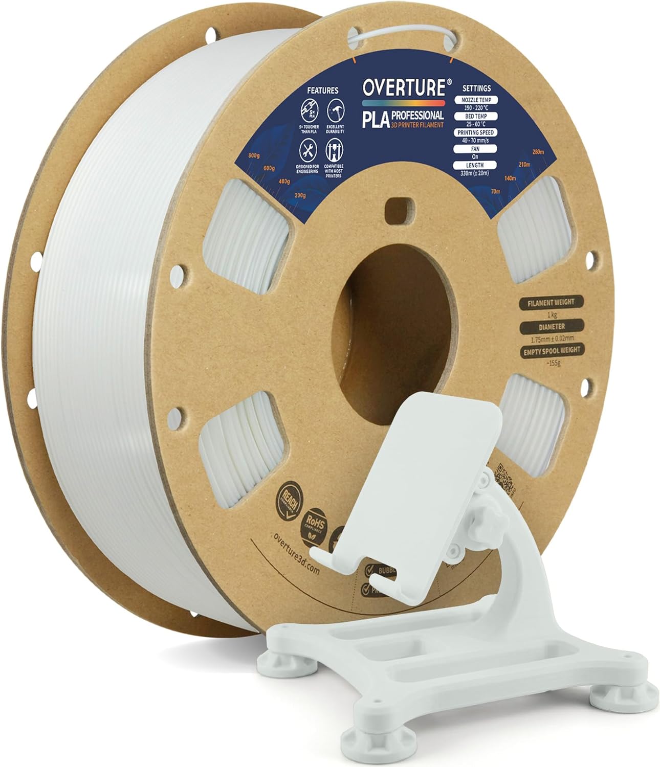 Detalle de OVERTURE PLA Plus (PLA+) 1.75mm Filament 1kg – White, ±0.02mm precision (PLA+)