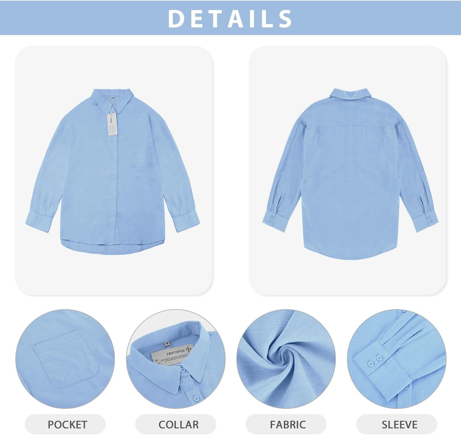 Detalle de Friptspyg Damenbluse – Lässige Langarm Hemdbluse mit V-Ausschnitt, 100% Baumwolle, Tasche