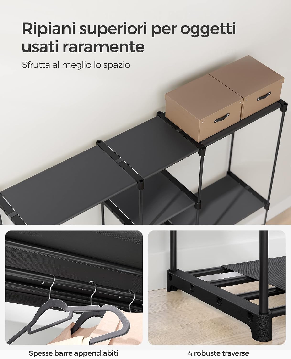 Detalle de SONGMICS Armadio autoportante con barre appendiabiti e ripiani in tessuto, 182 x 43 x 182 cm, Nero Inchiostro (RYG037B02)