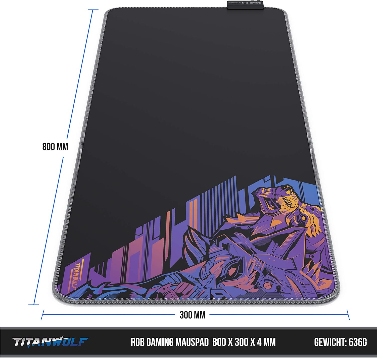 Detalle 2 de Titanwolf RGB Gaming Mauspad – XXL 800x300 mm mit LED-Beleuchtung und sieben Farben