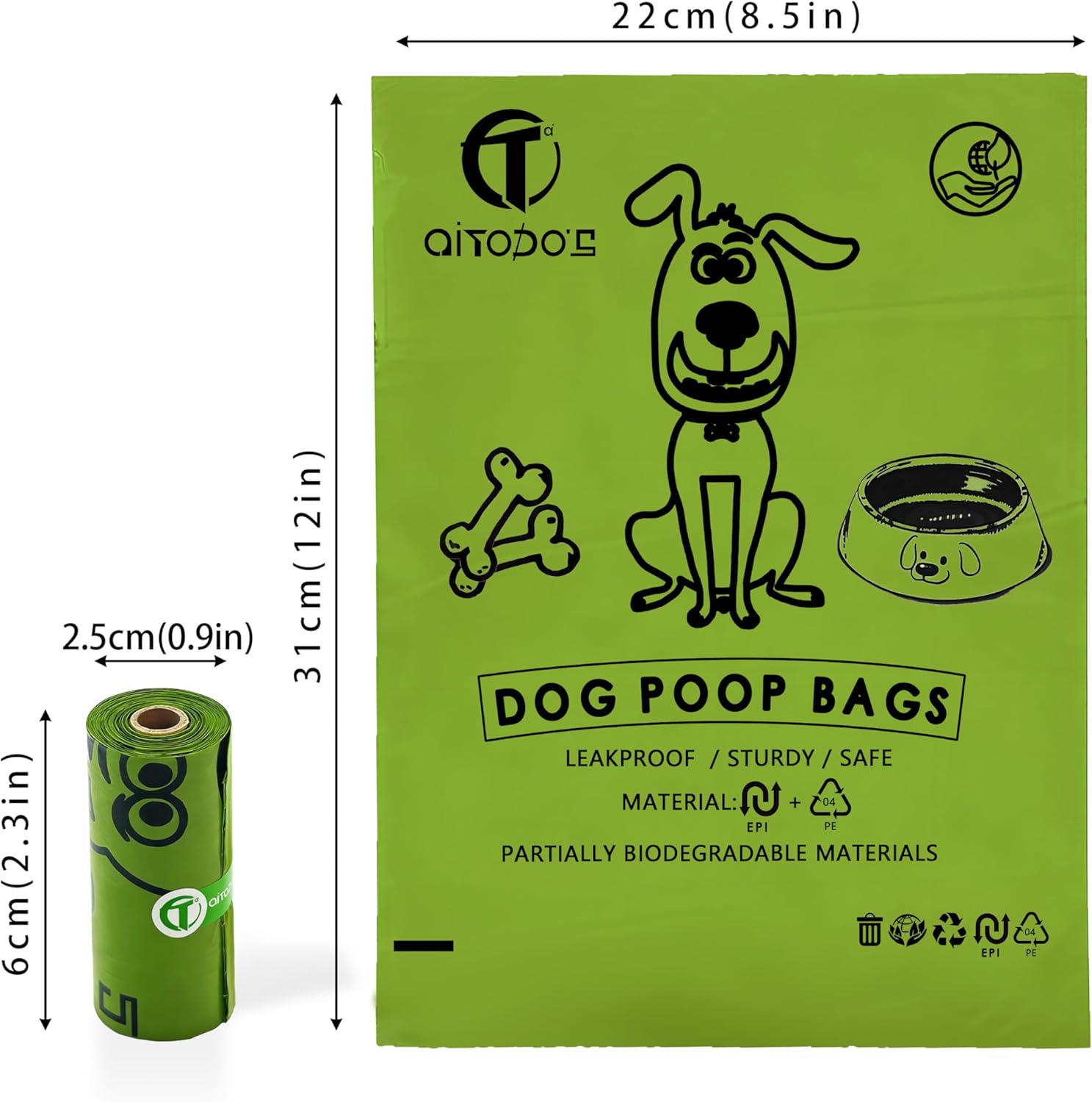 Detalle de AiTodos® 300 Biodégradables Sacs à Caca 31 x 23 cm – 20 rouleaux (15 sacs chacun) en EPI/PE