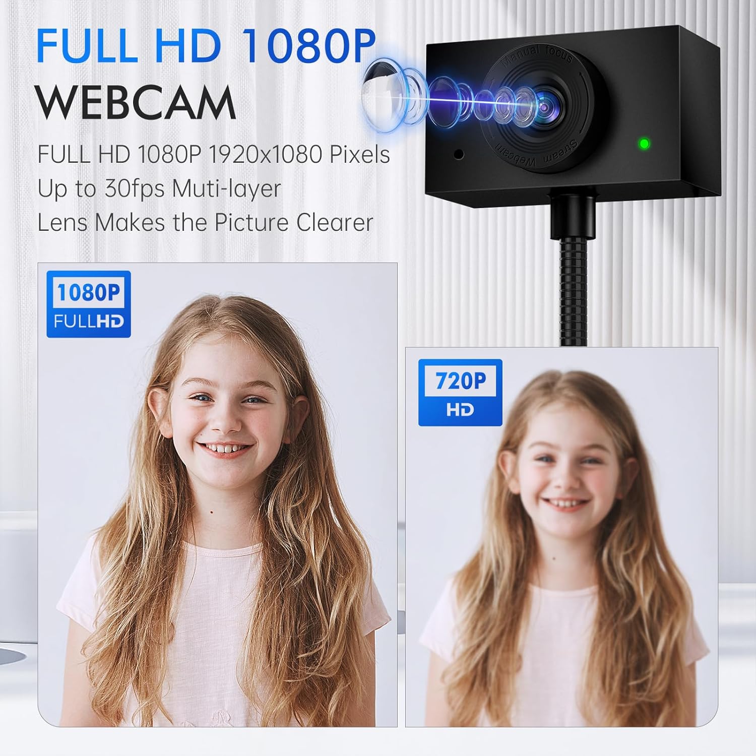 Detalle 2 de Webcam for PC (USB) with Adjustable Gooseneck, 1080P Manual Focus & Noise-Cancelling Mic (Black)