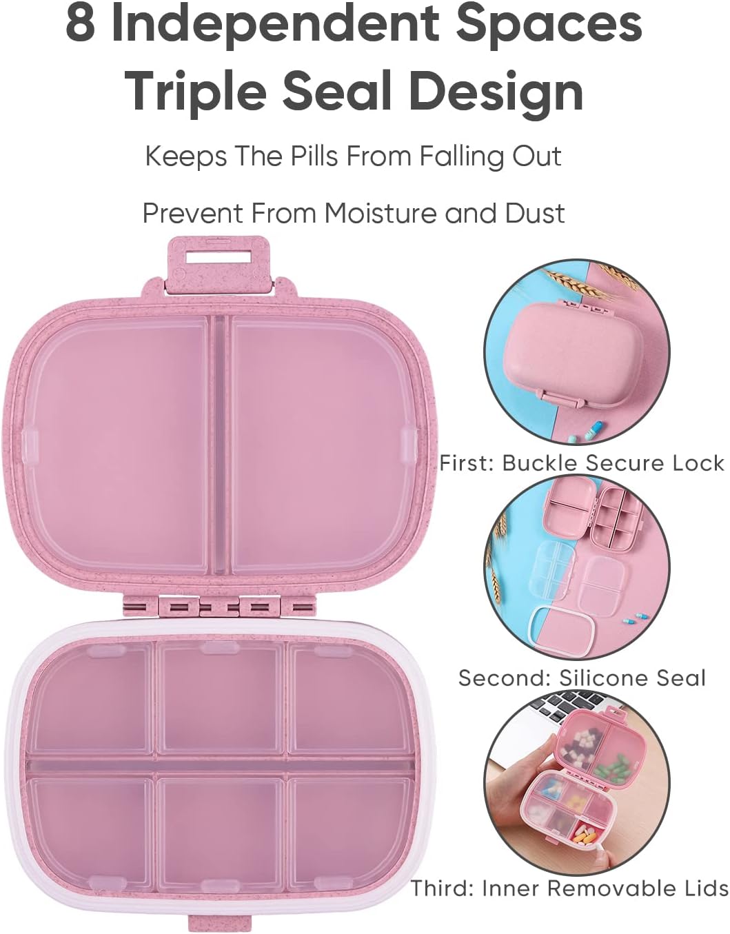 Detalle 2 de Holii YH-002 Travel Pill Organizer, Pink 8-Compartment Portable Case