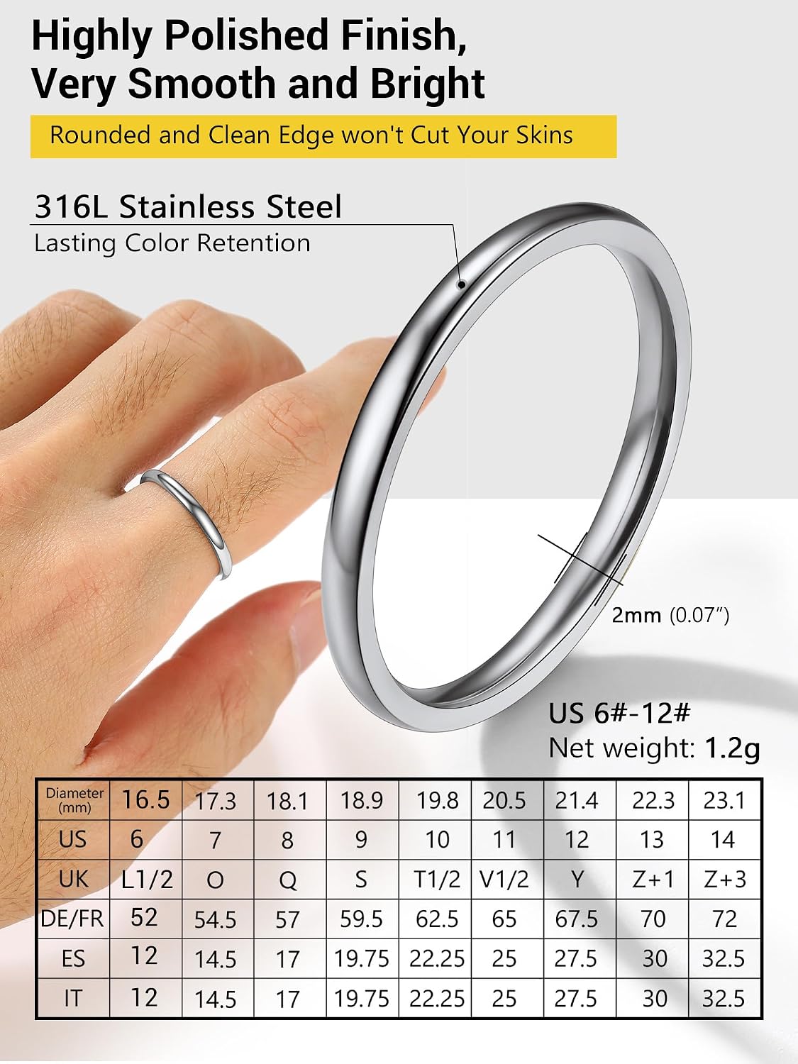 Detalle de PROSTEEL Bague simple en acier inoxydable 316L plaqué or pour homme/femme (anneau lisse, largeur 2–8 mm)