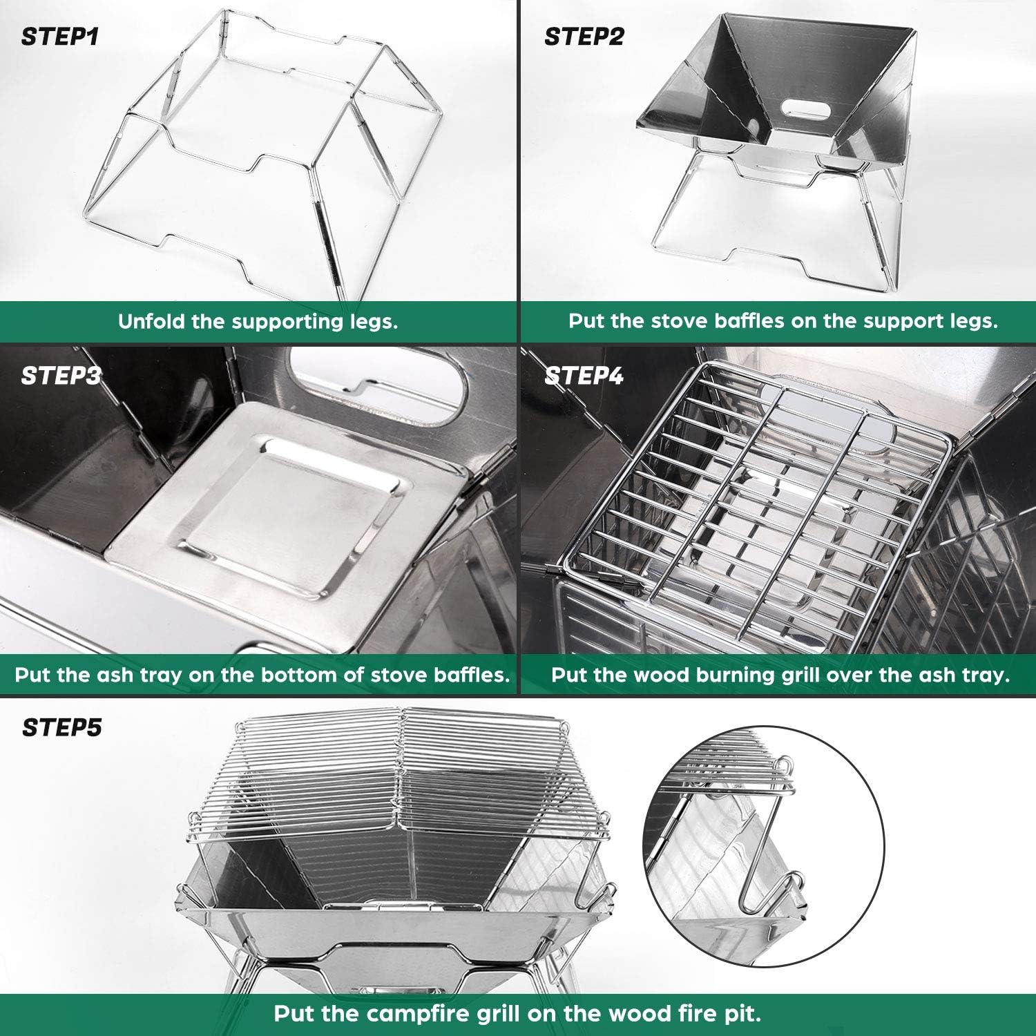 Thumbnail 3 de Odoland portable collapsible BBQ fire pit grill (304 stainless steel) for camping, picnic and garden