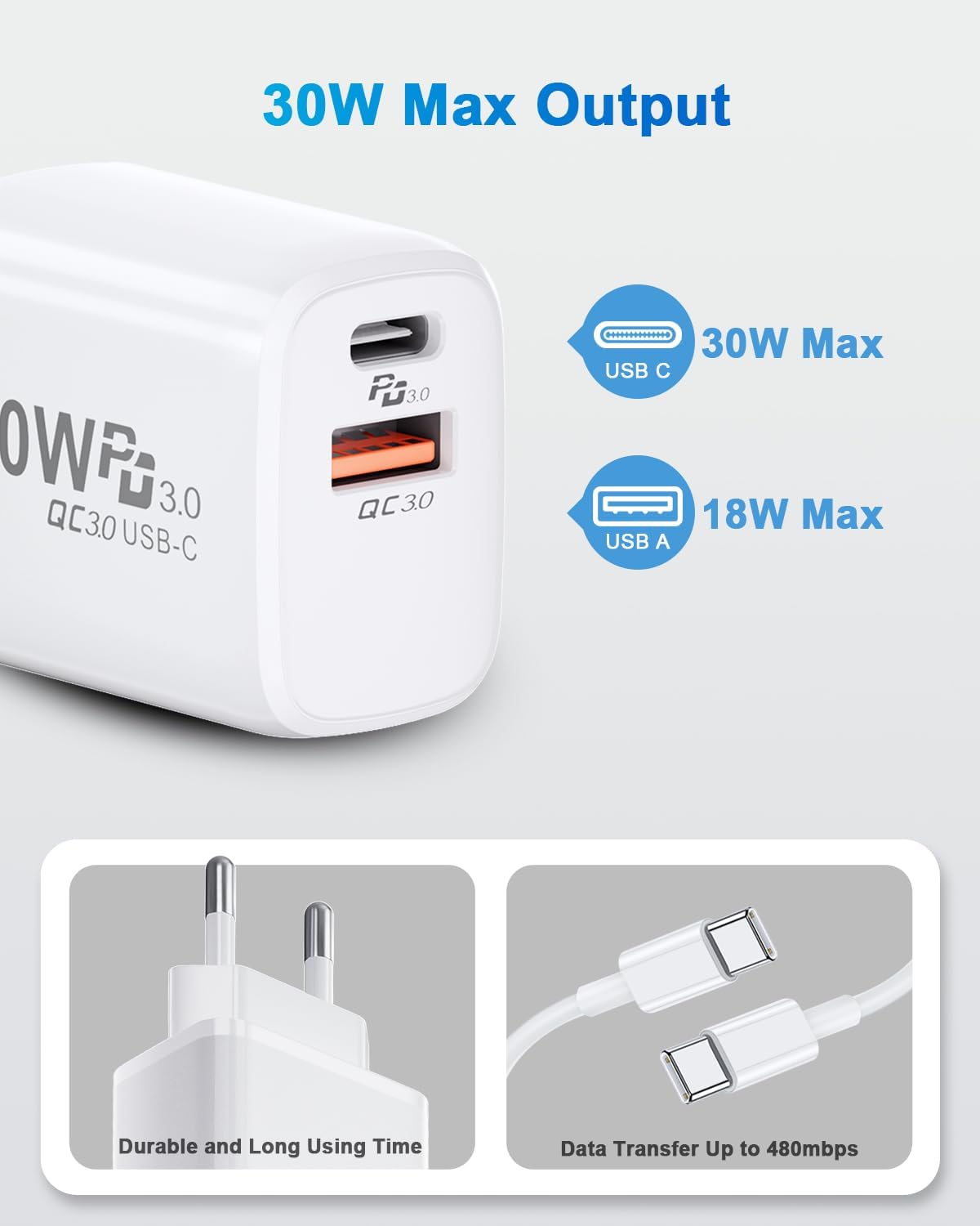 Detalle 2 de Caricatore USB C 30W con cavo 2 m