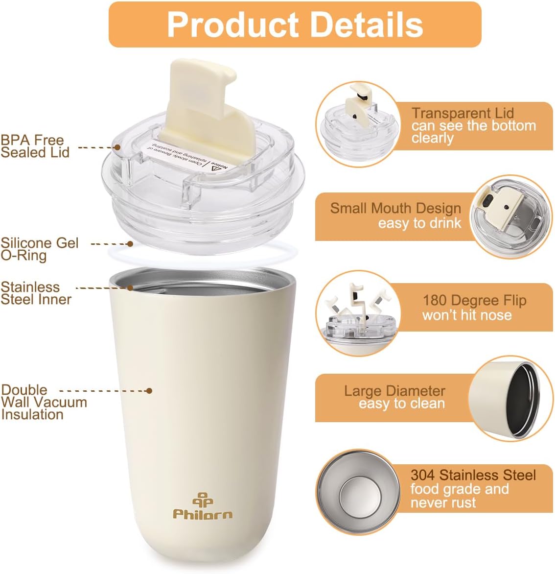 Detalle 2 de Philorn 92CM-I380-2WP – kubek termiczny 380 ml ze stali nierdzewnej
