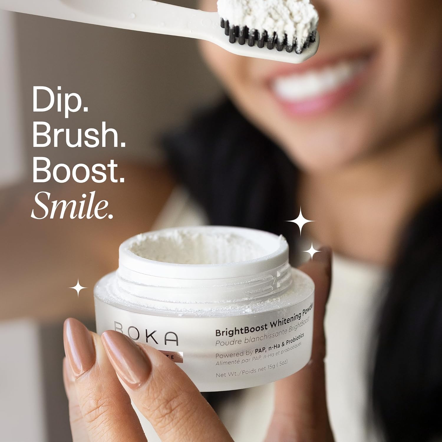 Detalle de Boka Teeth Whitening BrightBoost Powder with Nano Hydroxyapatite (Sensitive Teeth, Toothpaste Alternative)