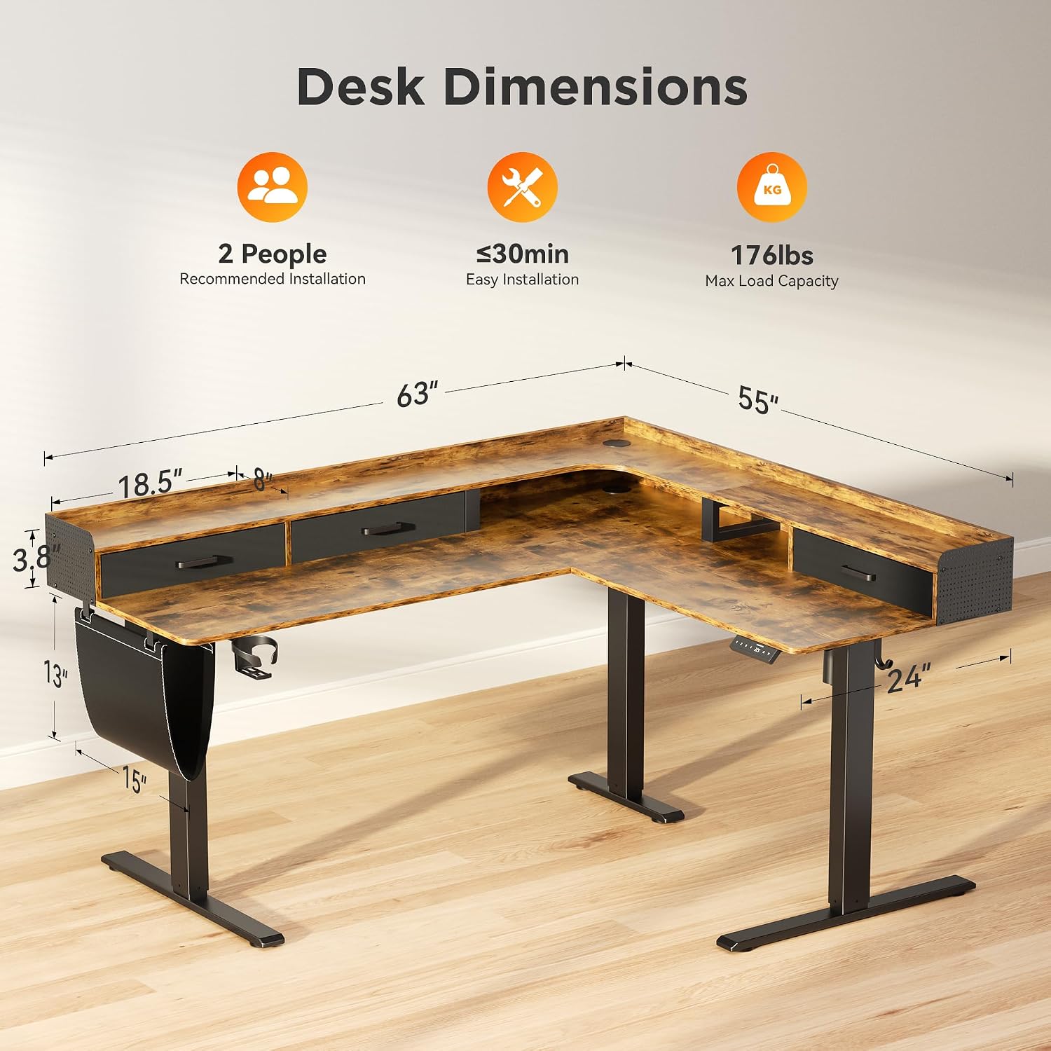 Detalle de WALKINGDESK ETSLI22 63-Inch L-Shaped Electric Standing Desk, Rustic Brown