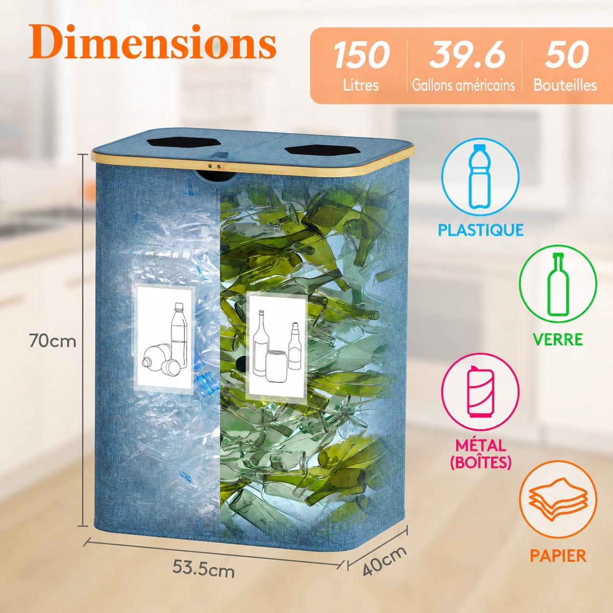 Detalle de Lifewit 24377 flessenverzamelaar, 150 liter, 2 vakken, donkerblauw