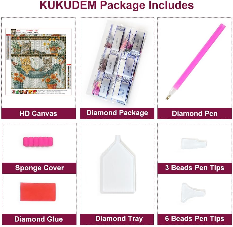 Thumbnail 5 de KUKUDEM Cat Diamond Painting Kit, 12x12-Inch Canvas with Round 5D Gems