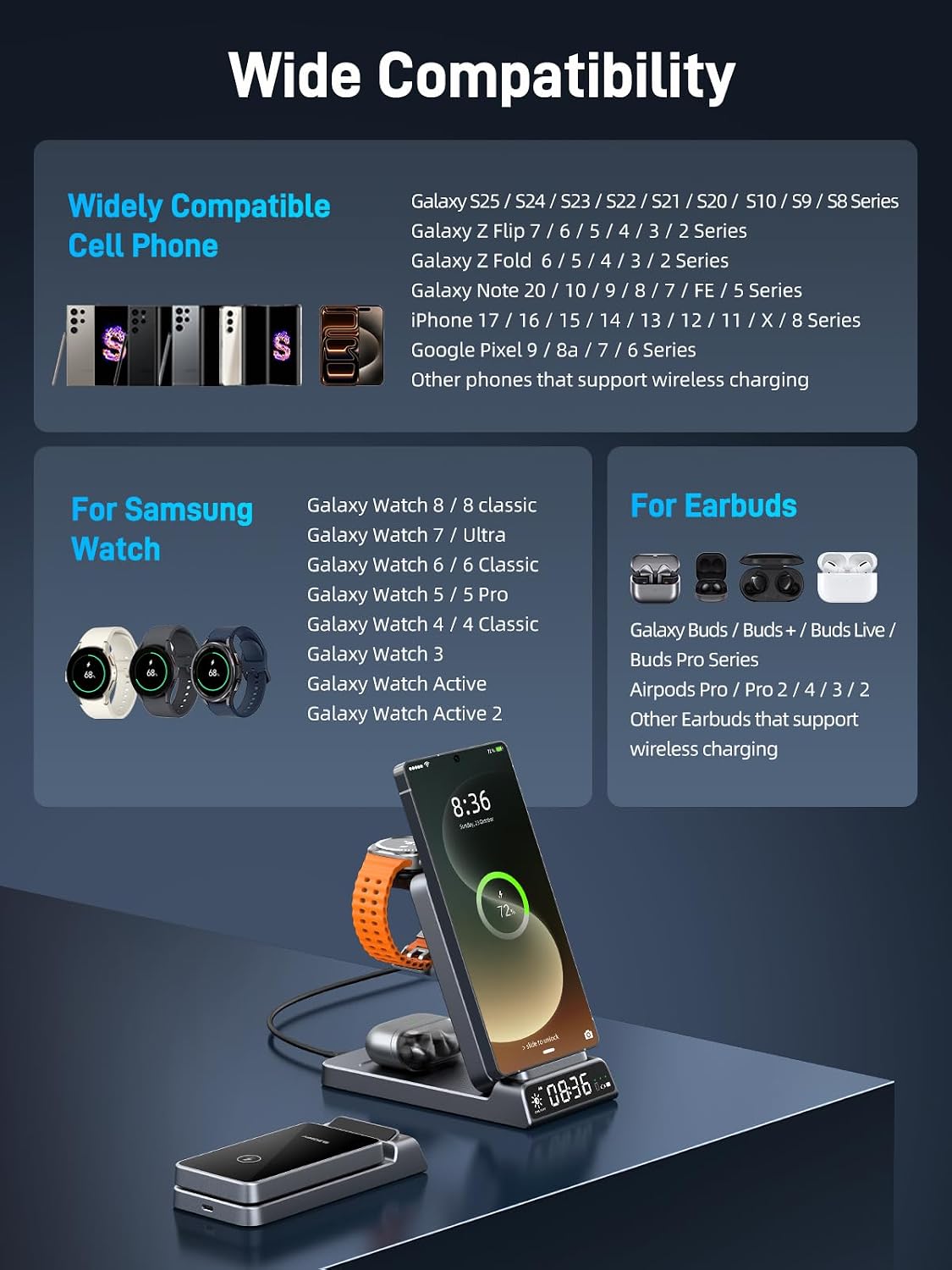 Thumbnail 2 de Drahtloses 3-in-1 Ladegerät für Samsung Ladestation mit Uhr (faltbar, grau) für Galaxy S25 Ultra/S24, Watch 8–5 Pro & Galaxy Buds