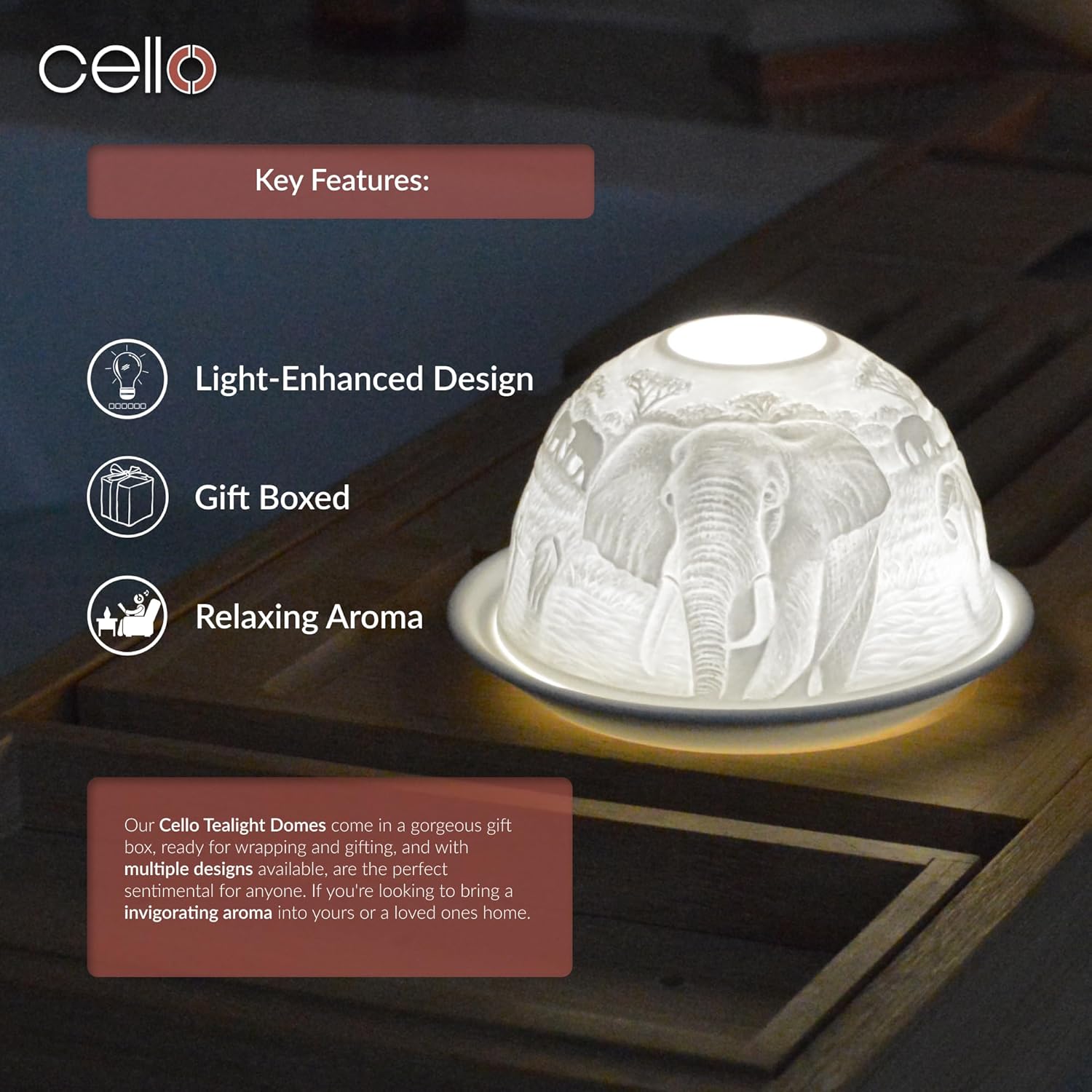 Thumbnail 4 de Porzellan-Teelichthalter „Cello“ mit Elefanten-Design (3D-Bild projizierend) – für Teelichter oder LEDs