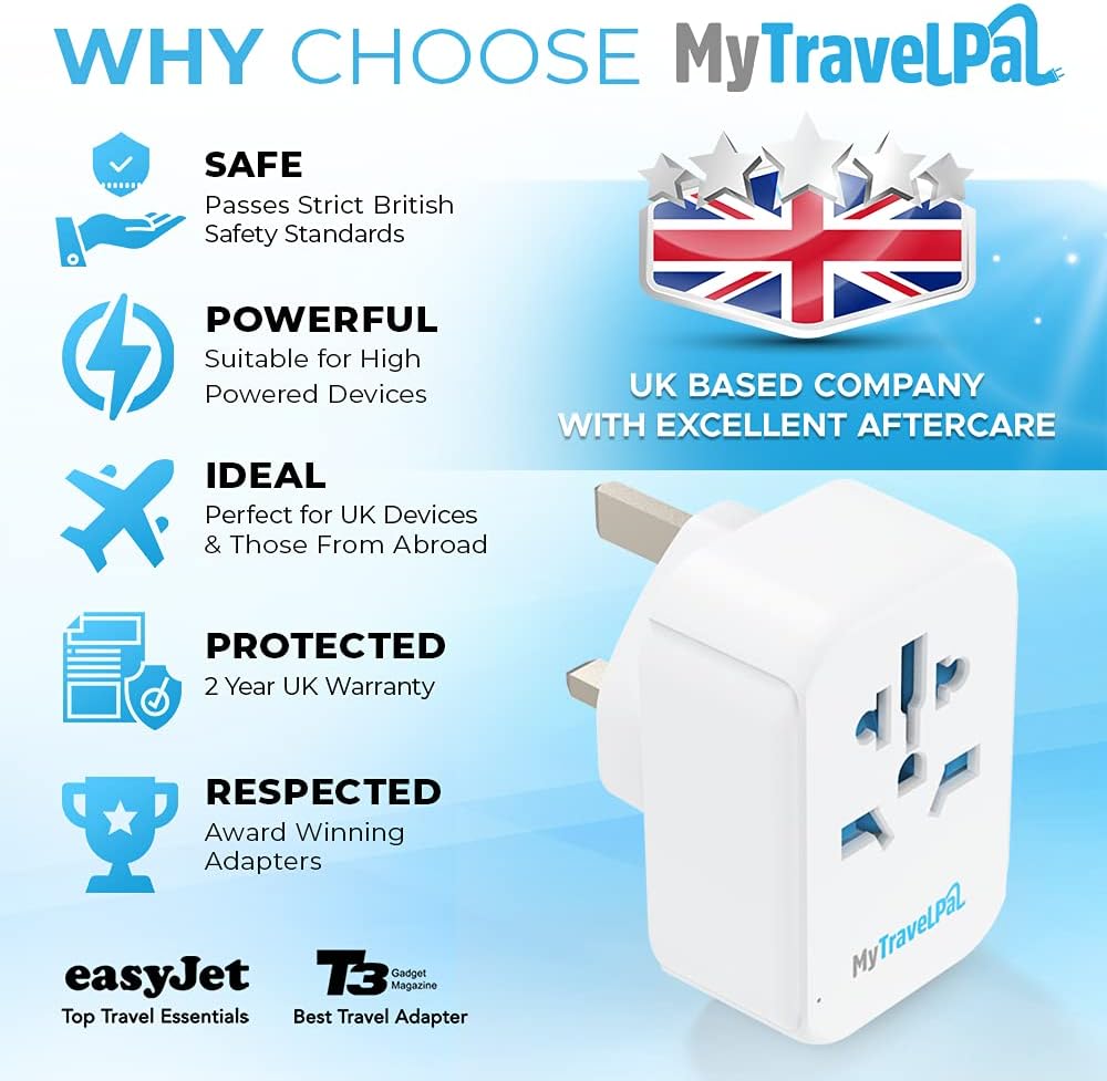 Thumbnail 3 de MyTravelPal US to UK Plug Adapter with USB Ports (Type G, UK safety standards)