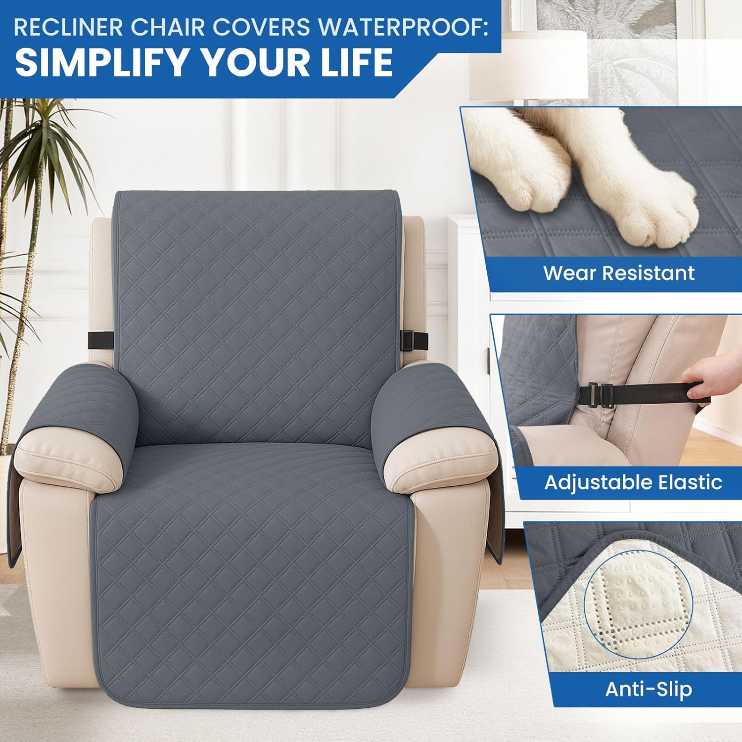 Detalle de YSTELLAA Housse Fauteuil Relax 1 Place – Housse imperméable et antidérapante (gris foncé)