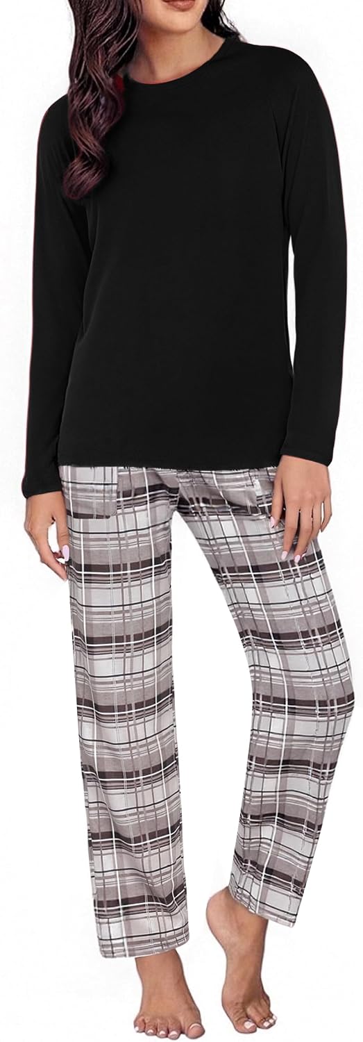 Detalle de Uniexcosm Pyjama Femme en coton long – Ensemble à carreaux avec poches et col rond